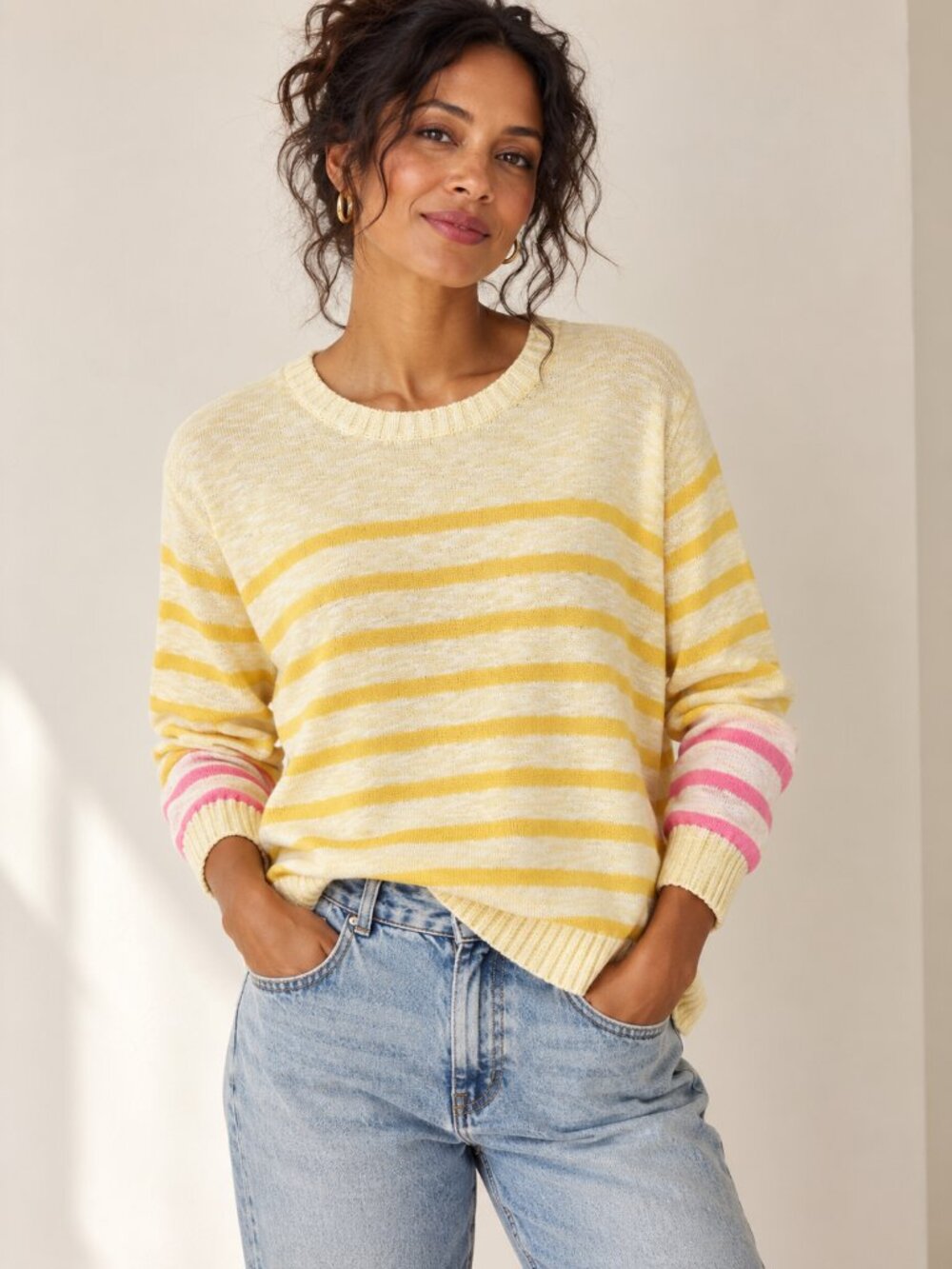 PARKHURST Cotton Country Yellow Striped Cotton Sweater 90s Coastal Preppy Womens